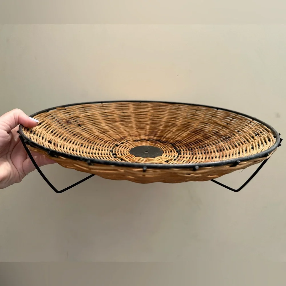 Vintage Woven Wicker Rattan Decorative Bowl with Black Metal Trim Boho
